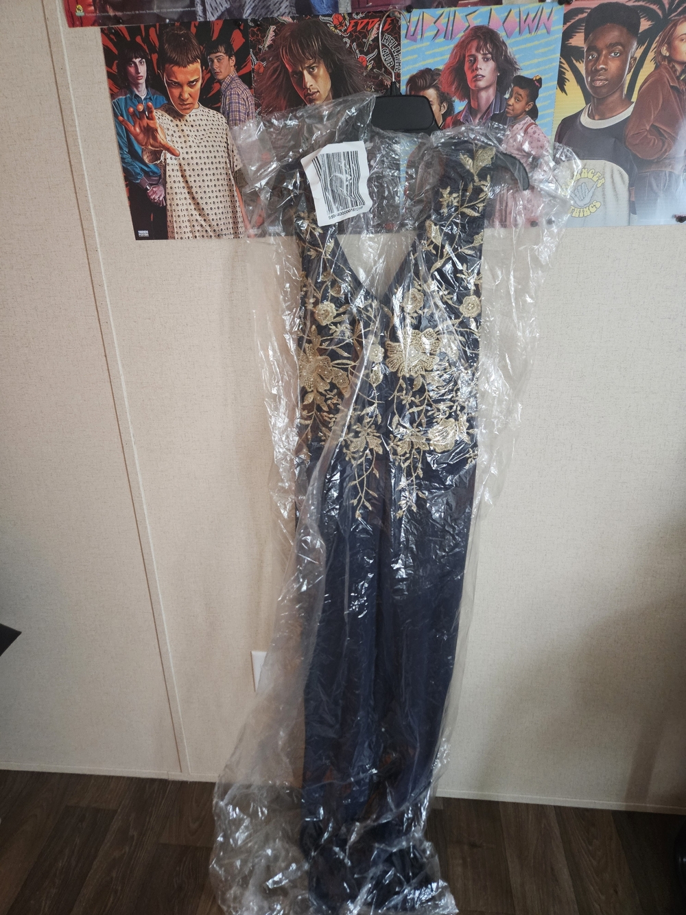 Navy Evening Gown with Gold Embroidered Floral Detail